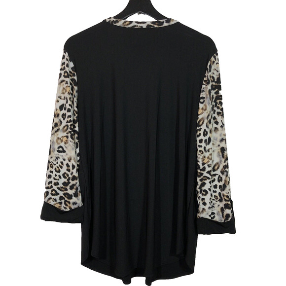 Black Tunic Top with Cheetah Print Sleeve Popover Zipper Accent M Retro Mob Wife - Picture 7 of 8